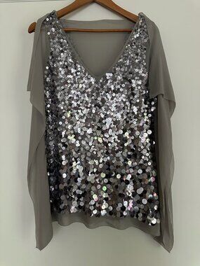 BCBG Silver Sequin Party Top with Sheer Fluttering Sleeves Glittery Fun Small